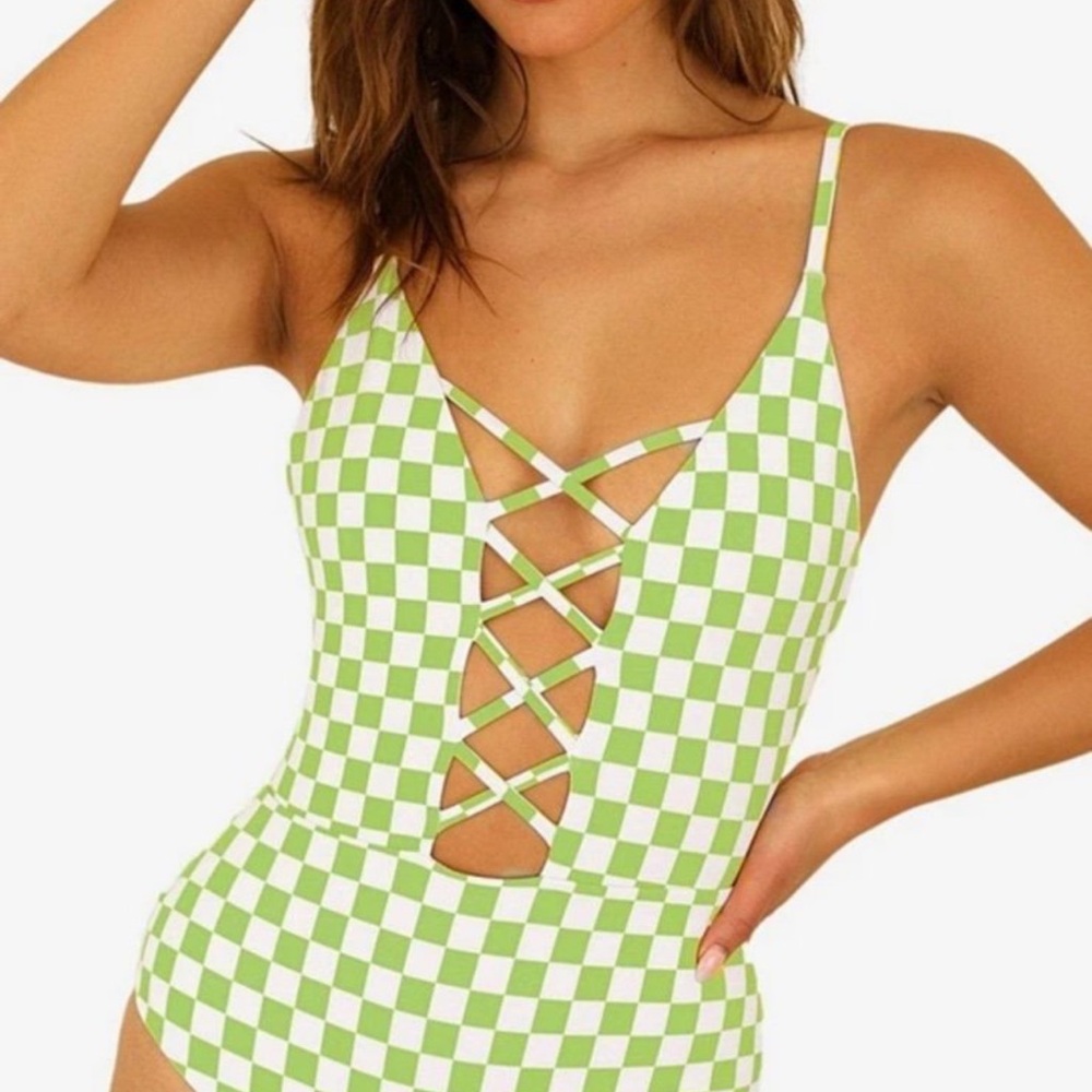 Dippin' Daisy's Green and White Checkered One Piece Swimsuit with Lace-Up Detail